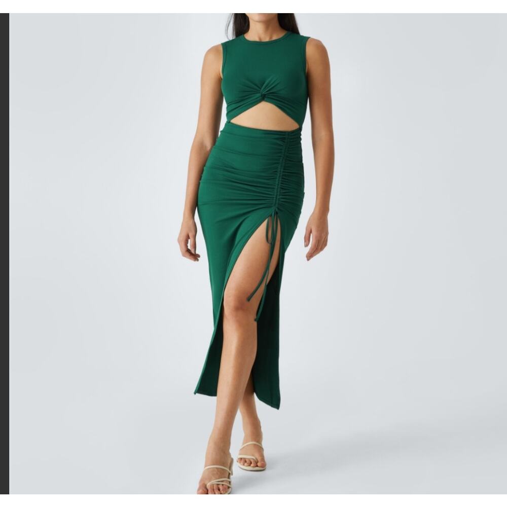 Sz Sm HALARA Green Round Neck Cut Out Ruched Drawstring Hem Bodycon Maxi Dress - Picture 5 of 8
